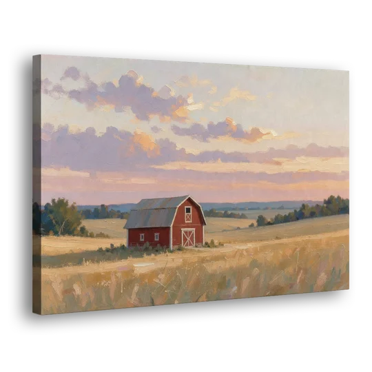 Red Barn Painting at Summer Dusk - Canvas Wall Art - Side