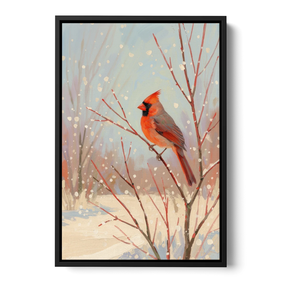 Winter Red Bird on Snowy Dogwood - Black Framed Canvas Wall Art - Front