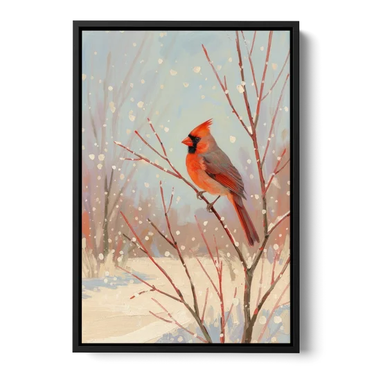 Winter Red Bird on Snowy Dogwood - Black Framed Canvas Wall Art - Front