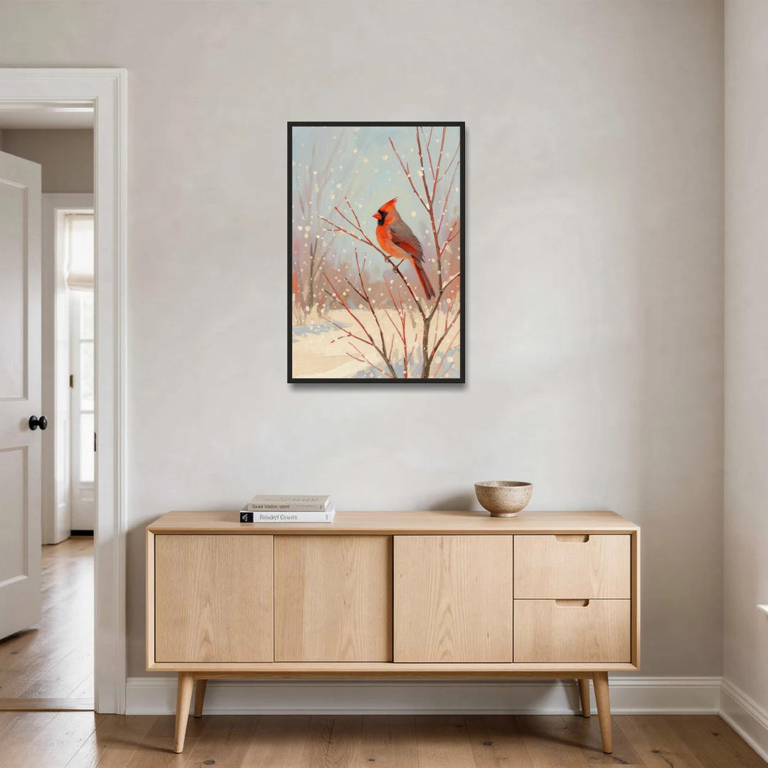 Winter Red Bird on Snowy Dogwood - Black Framed Canvas Wall Art - Coffee Table - 24x36