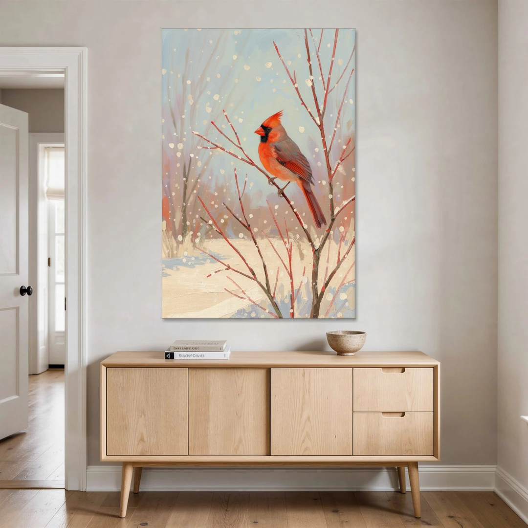 Winter Red Bird on Snowy Dogwood - Canvas Wall Art - Coffee Table - 40x60