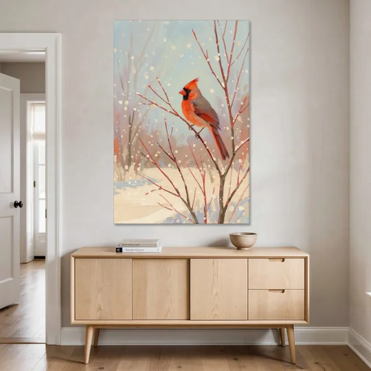 Winter Red Bird on Snowy Dogwood - Canvas Wall Art - Coffee Table - 40x60