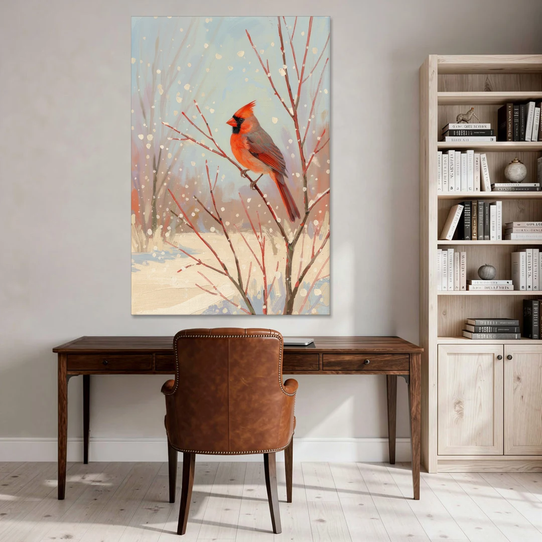 Winter Red Bird on Snowy Dogwood - Canvas Wall Art - Office - 40x60
