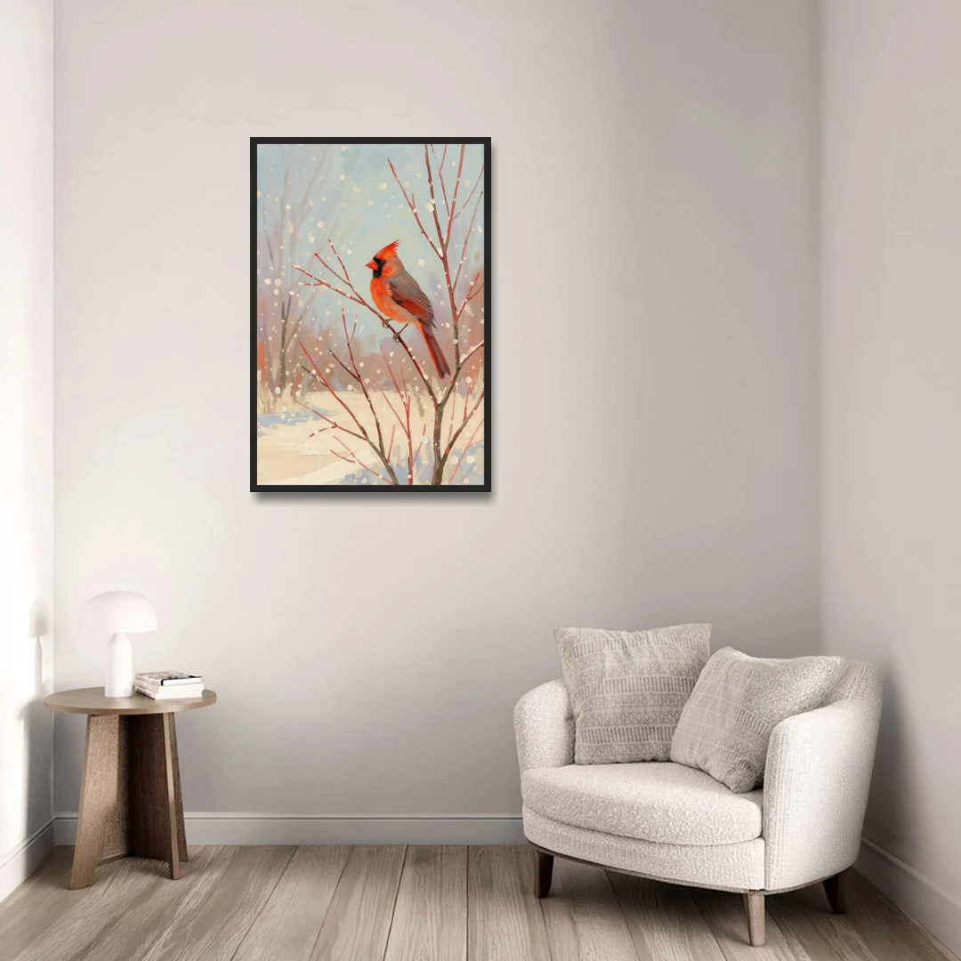 Winter Red Bird on Snowy Dogwood - Black Framed Canvas Wall Art - Sofa - 24x36