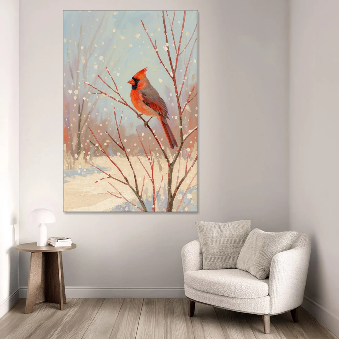 Winter Red Bird on Snowy Dogwood - Canvas Wall Art - Sofa - 40x60