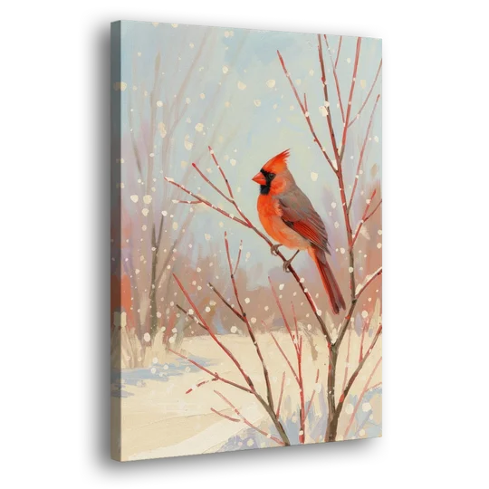 Winter Red Bird on Snowy Dogwood - Canvas Wall Art - Side