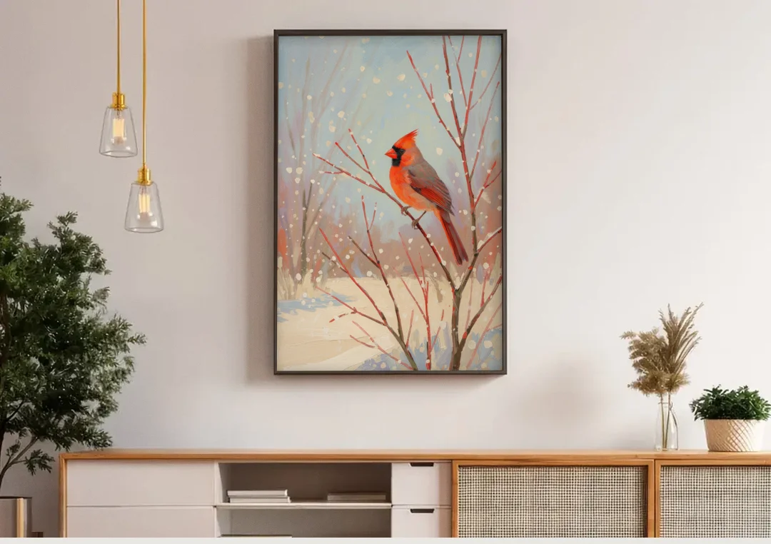 Winter Red Bird on Snowy Dogwood canvas wall art above a wooden sideboard under pendant lights
