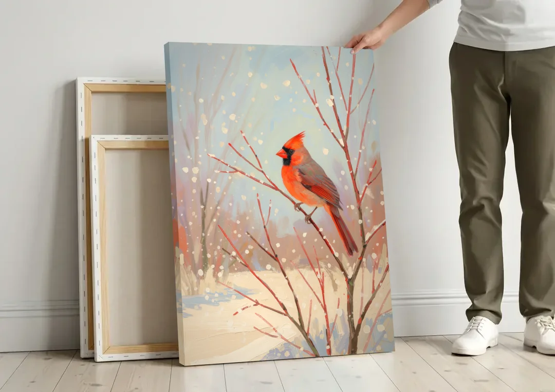 Winter Red Bird on Snowy Dogwood canvas wall art leaning against a wall next to blank canvases