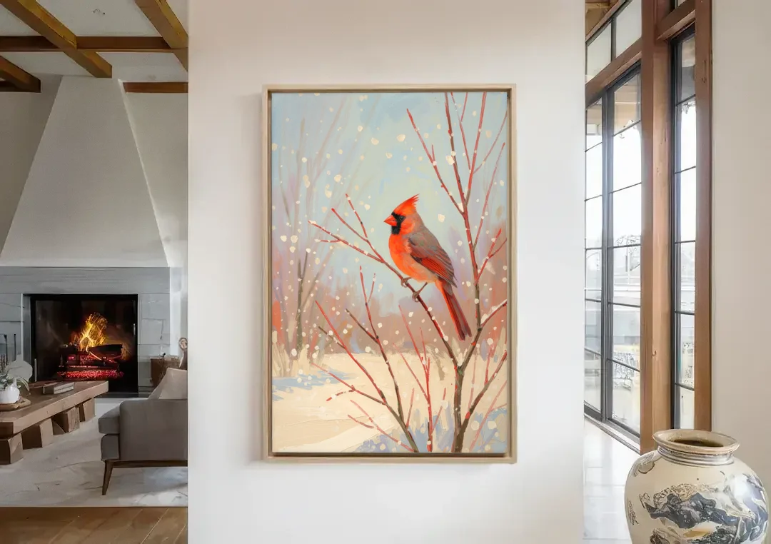 Winter Red Bird on Snowy Dogwood canvas wall art in a living room with a fireplace