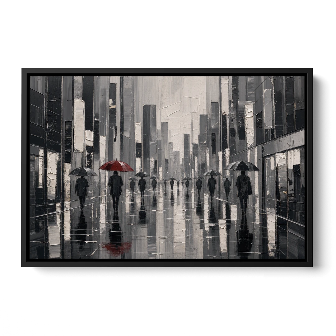 Red Black and White Wall Art of Rainy Streets - Black Framed Canvas Wall Art - Front