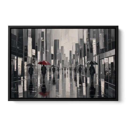 Red Black and White Wall Art of Rainy Streets - Black Framed Canvas Wall Art - Front