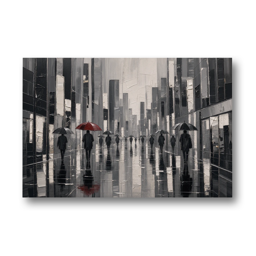 Red Black and White Wall Art of Rainy Streets - Canvas Wall Art - Front