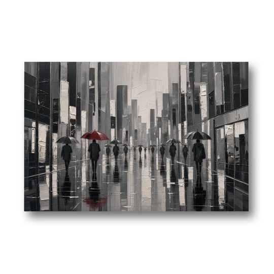Red Black and White Wall Art of Rainy Streets - Canvas Wall Art - Front