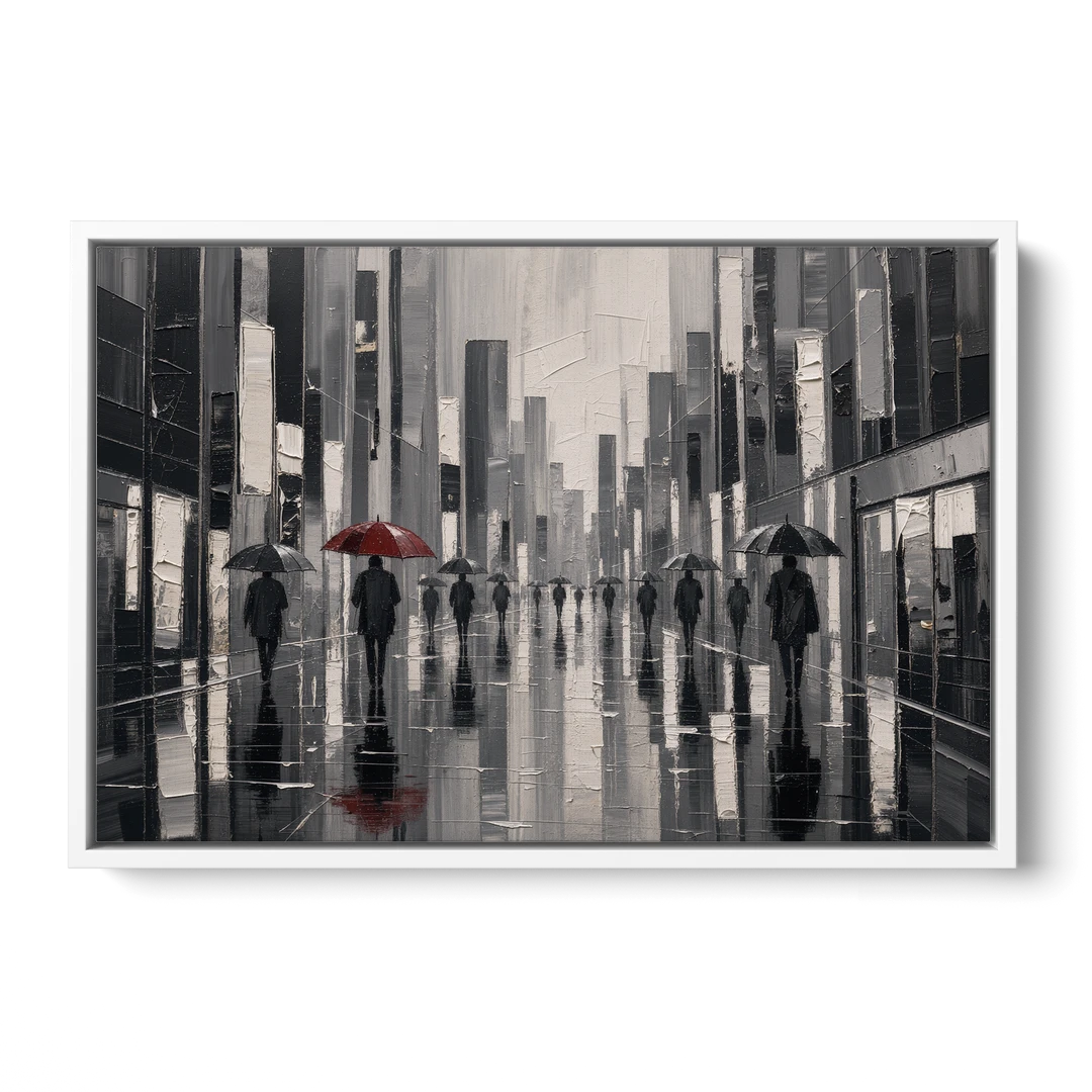Red Black and White Wall Art of Rainy Streets - White Framed Canvas Wall Art - Front