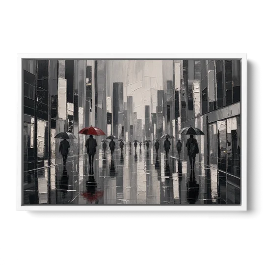 Red Black and White Wall Art of Rainy Streets - White Framed Canvas Wall Art - Front