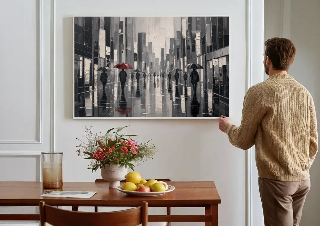 Red Black and White Wall Art of Rainy Streets canvas wall art above a dining table