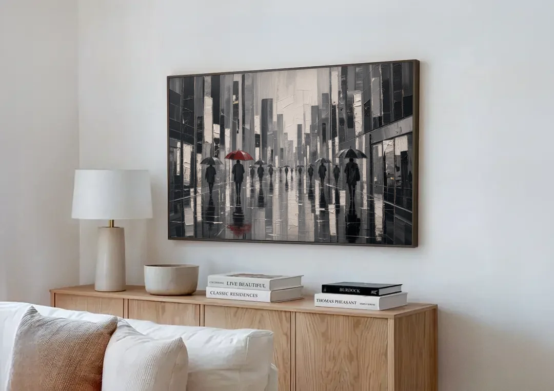 Red Black and White Wall Art of Rainy Streets canvas wall art above a wooden sideboard next to a sofa