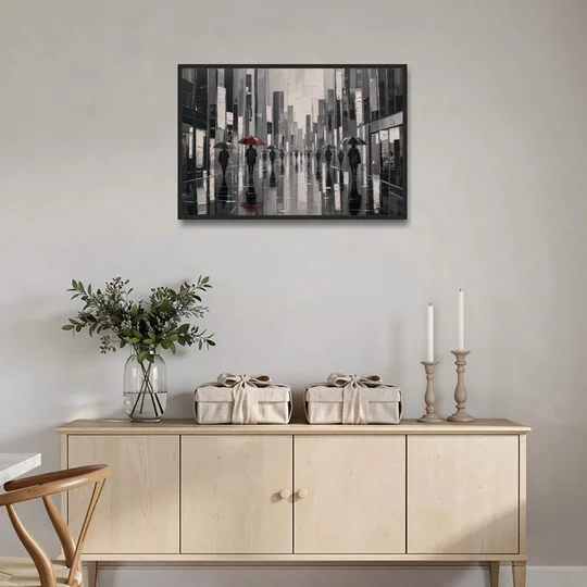 Red Black and White Wall Art of Rainy Streets - Black Framed Canvas Wall Art - Coffee Table - 36x24