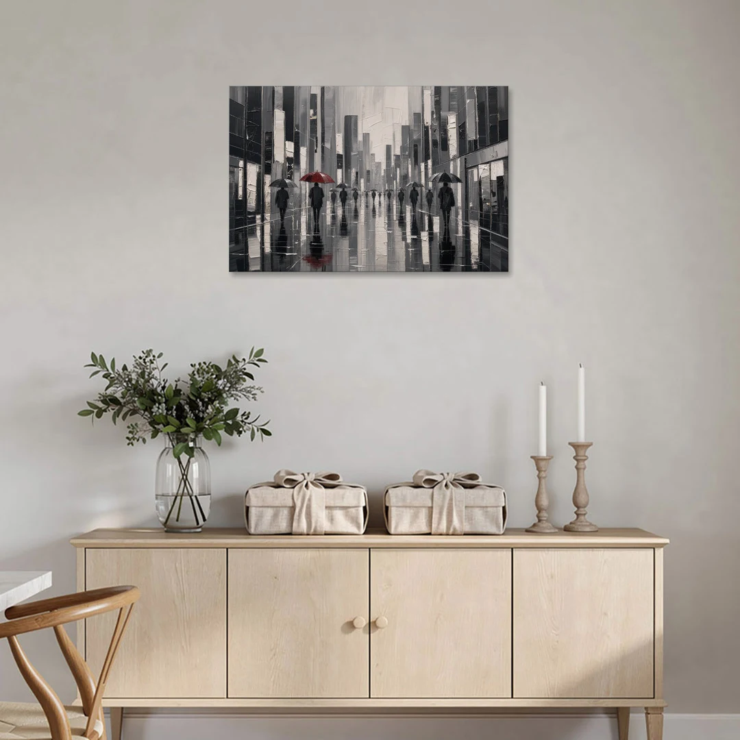 Red Black and White Wall Art of Rainy Streets - Canvas Wall Art - Coffee Table - 36x24