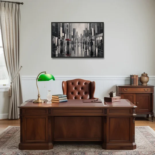 Red Black and White Wall Art of Rainy Streets - Black Framed Canvas Wall Art - Office - 36x24