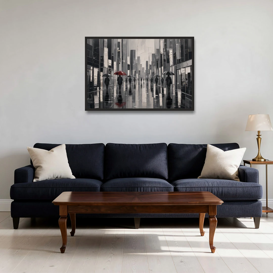 Red Black and White Wall Art of Rainy Streets - Black Framed Canvas Wall Art - Sofa - 36x24