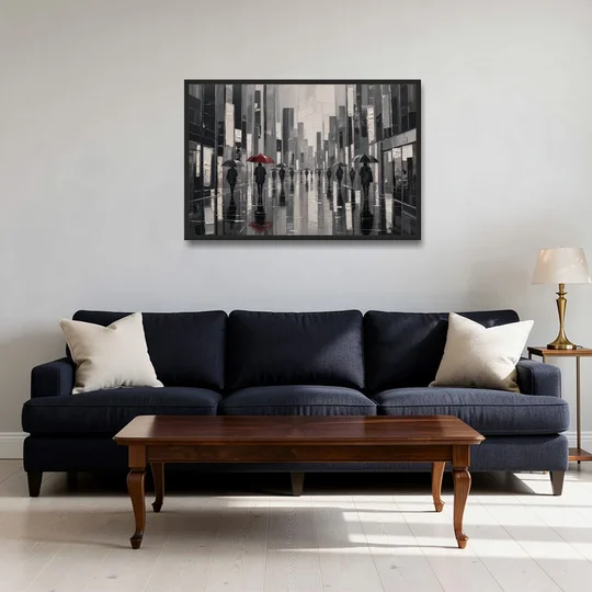 Red Black and White Wall Art of Rainy Streets - Black Framed Canvas Wall Art - Sofa - 36x24