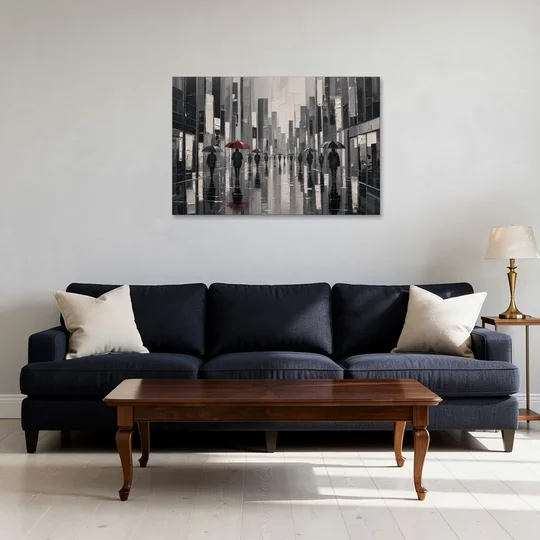 Red Black and White Wall Art of Rainy Streets - Canvas Wall Art - Sofa - 36x24