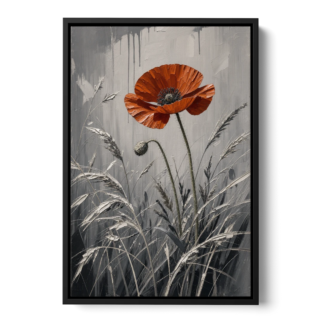 Red Black White Wall Art of a Lone Poppy - Black Framed Canvas Wall Art - Front