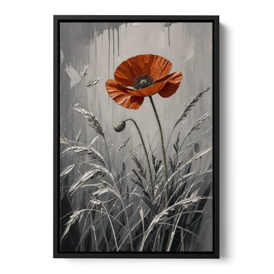 Red Black White Wall Art of a Lone Poppy - Black Framed Canvas Wall Art - Front