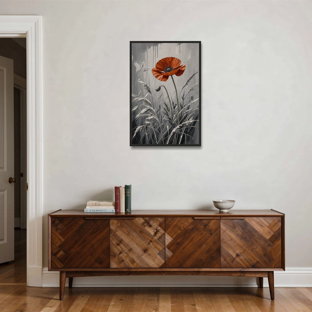 Red Black White Wall Art of a Lone Poppy - Black Framed Canvas Wall Art - Coffee Table - 24x36