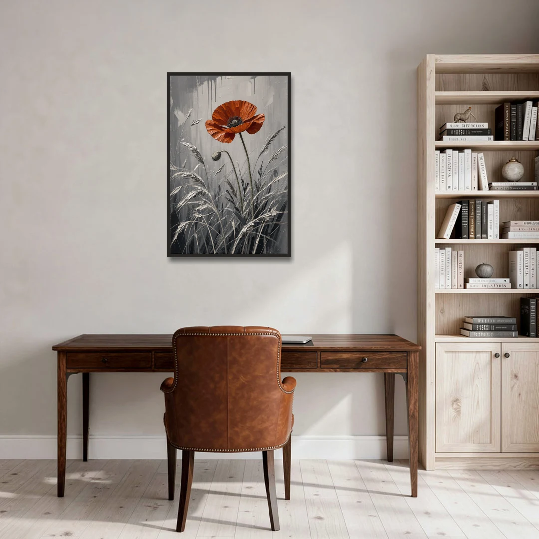Red Black White Wall Art of a Lone Poppy - Black Framed Canvas Wall Art - Office - 24x36