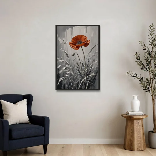 Red Black White Wall Art of a Lone Poppy - Black Framed Canvas Wall Art - Sofa - 24x36
