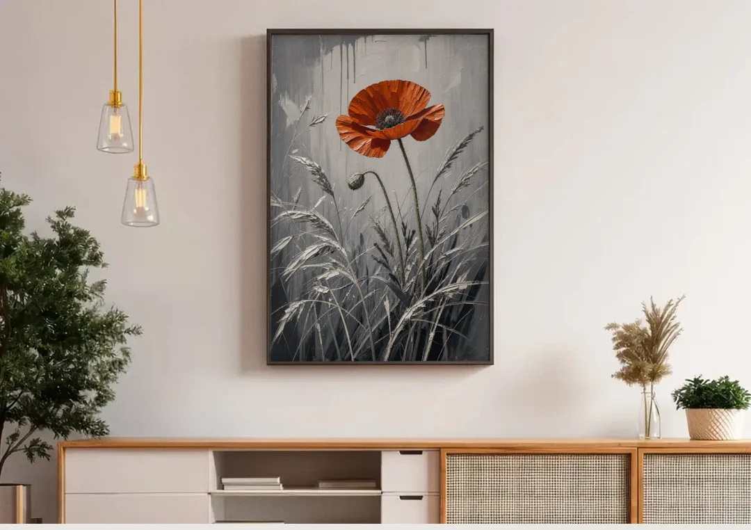 Red Black White Wall Art of a Lone Poppy canvas wall art above a wooden sideboard under pendant lights