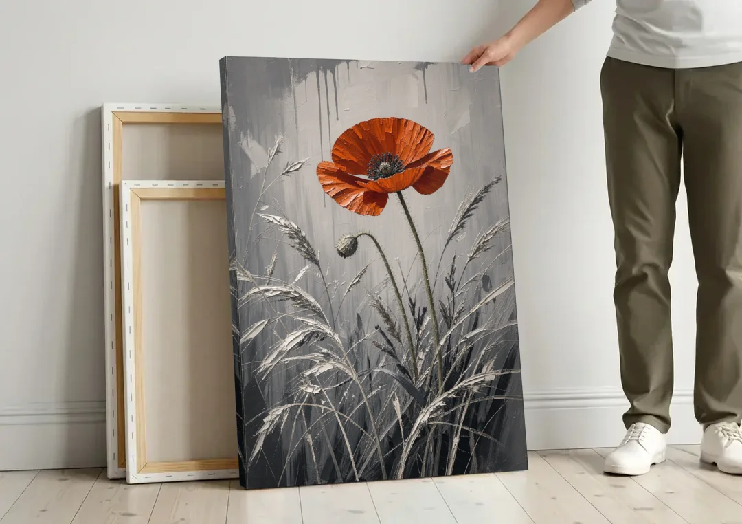 Red Black White Wall Art of a Lone Poppy canvas wall art leaning against a wall next to blank canvases
