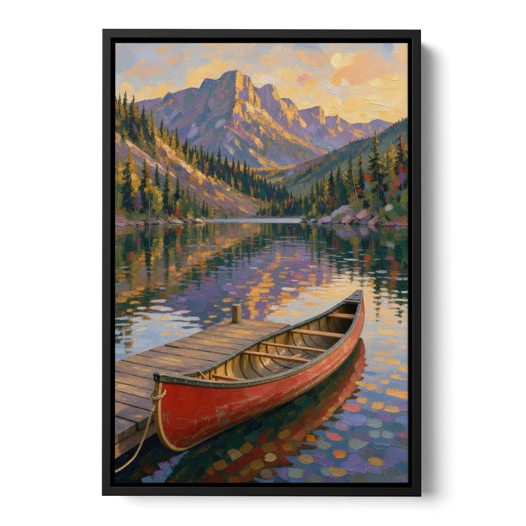 Red Canoe at the Mountain Lake Dock for the Cabin - Black Framed Canvas Wall Art - Front