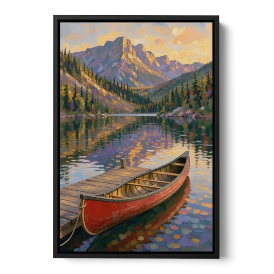 Red Canoe at the Mountain Lake Dock for the Cabin - Black Framed Canvas Wall Art - Front