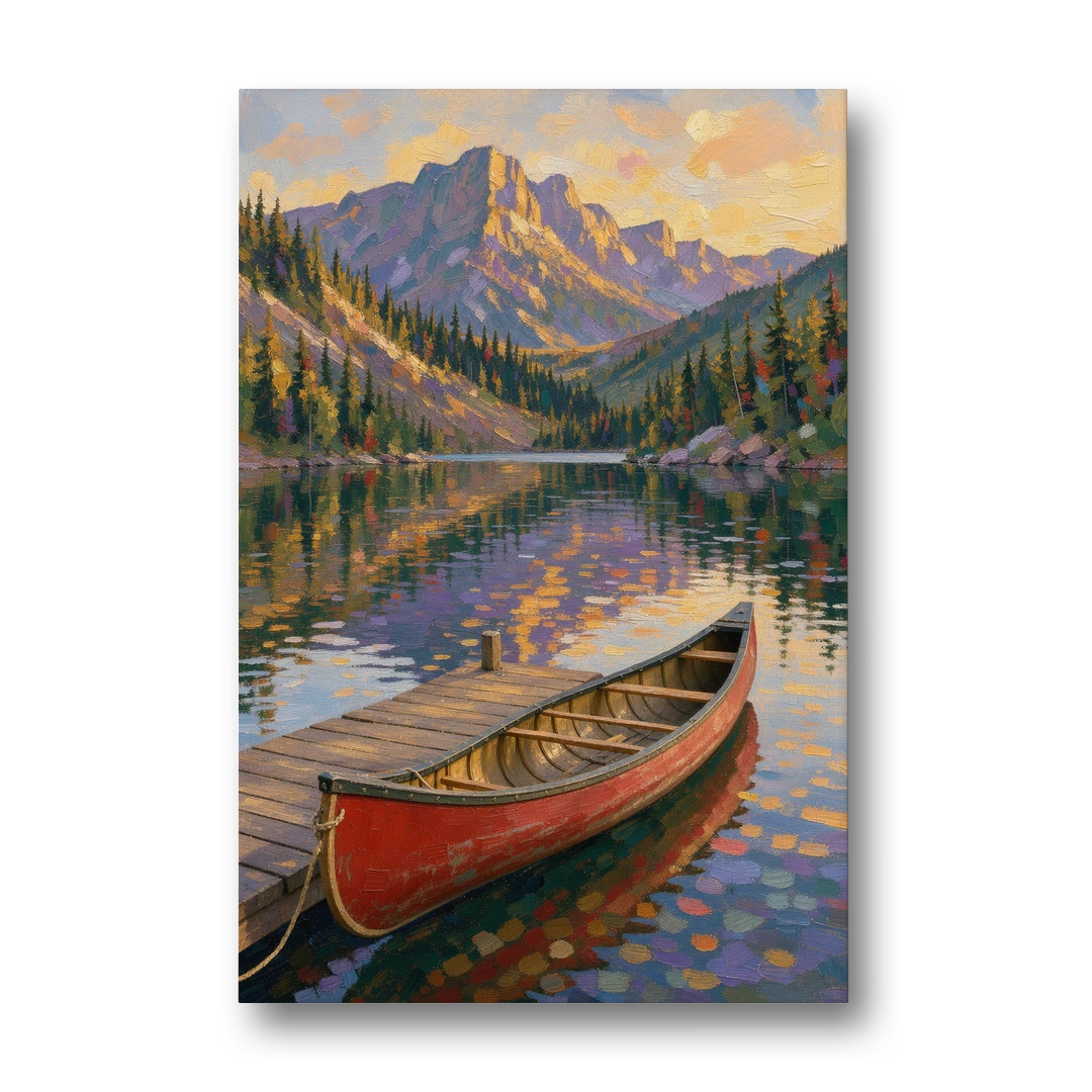 Red Canoe at the Mountain Lake Dock for the Cabin - Canvas Wall Art - Front
