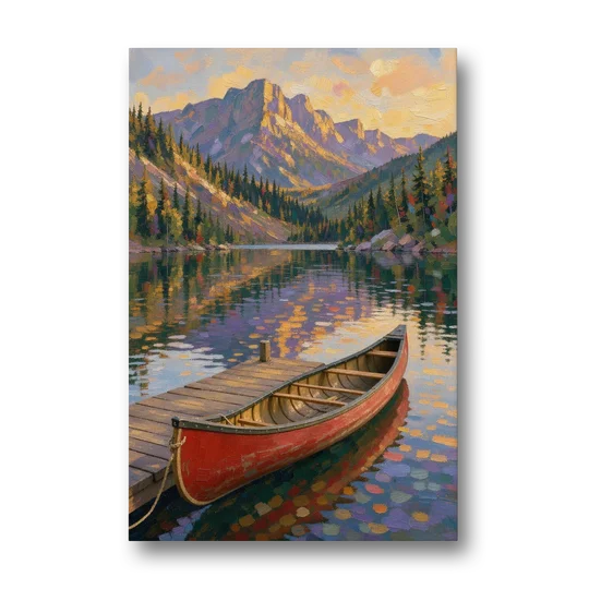 Red Canoe at the Mountain Lake Dock for the Cabin - Canvas Wall Art - Front