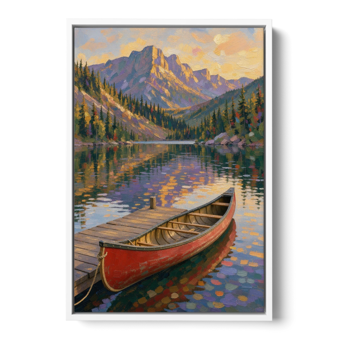 Red Canoe at the Mountain Lake Dock for the Cabin - White Framed Canvas Wall Art - Front