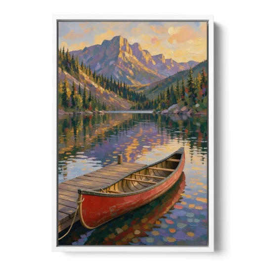 Red Canoe at the Mountain Lake Dock for the Cabin - White Framed Canvas Wall Art - Front