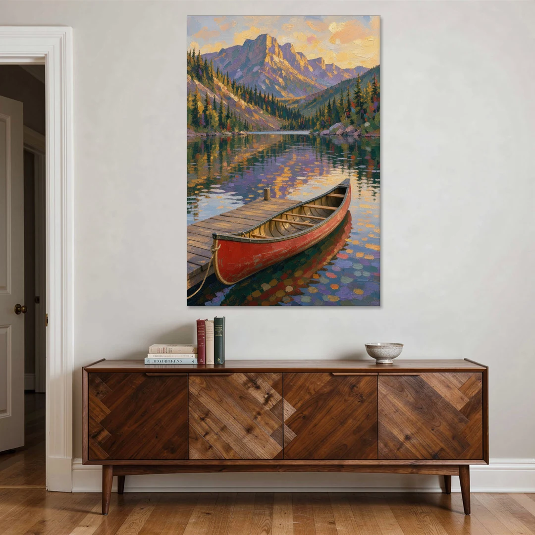 Red Canoe at the Mountain Lake Dock for the Cabin - Canvas Wall Art - Coffee Table - 40x60