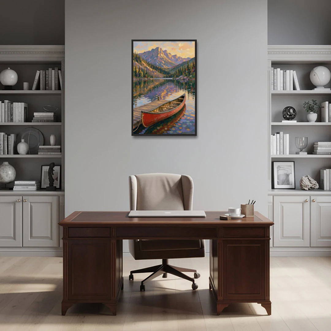 Red Canoe at the Mountain Lake Dock for the Cabin - Black Framed Canvas Wall Art - Office - 24x36