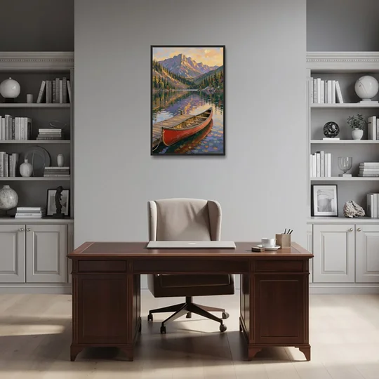 Red Canoe at the Mountain Lake Dock for the Cabin - Black Framed Canvas Wall Art - Office - 24x36