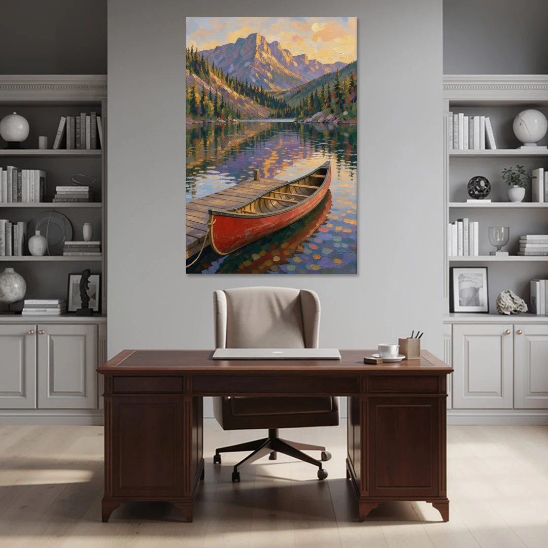 Red Canoe at the Mountain Lake Dock for the Cabin - Canvas Wall Art - Office - 40x60