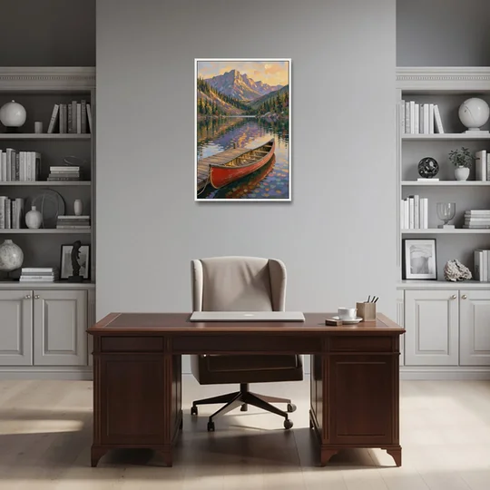 Red Canoe at the Mountain Lake Dock for the Cabin - White Framed Canvas Wall Art - Office - 24x36