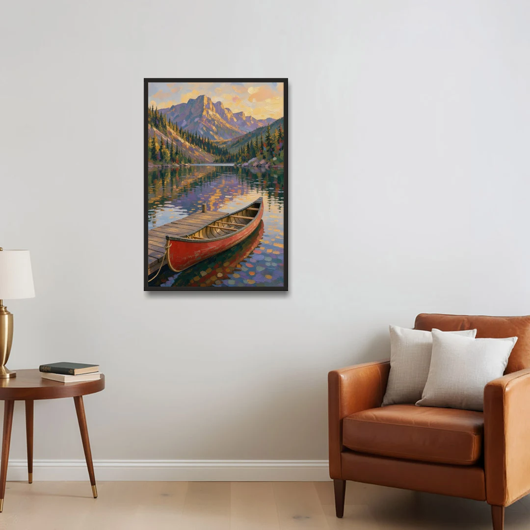 Red Canoe at the Mountain Lake Dock for the Cabin - Black Framed Canvas Wall Art - Sofa - 24x36
