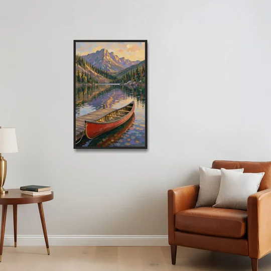 Red Canoe at the Mountain Lake Dock for the Cabin - Black Framed Canvas Wall Art - Sofa - 24x36