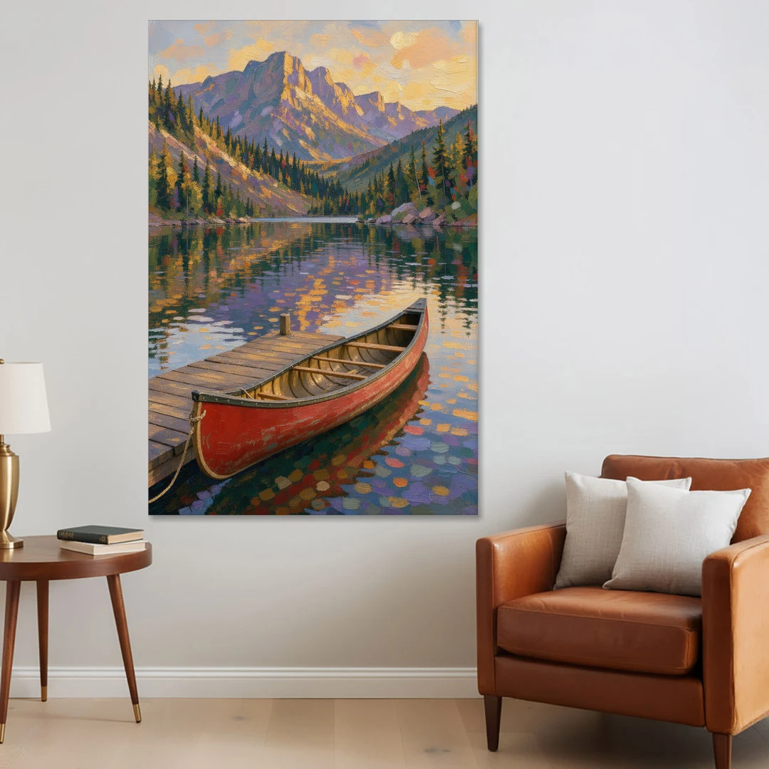 Red Canoe at the Mountain Lake Dock for the Cabin - Canvas Wall Art - Sofa - 40x60