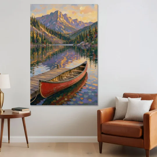 Red Canoe at the Mountain Lake Dock for the Cabin - Canvas Wall Art - Sofa - 40x60