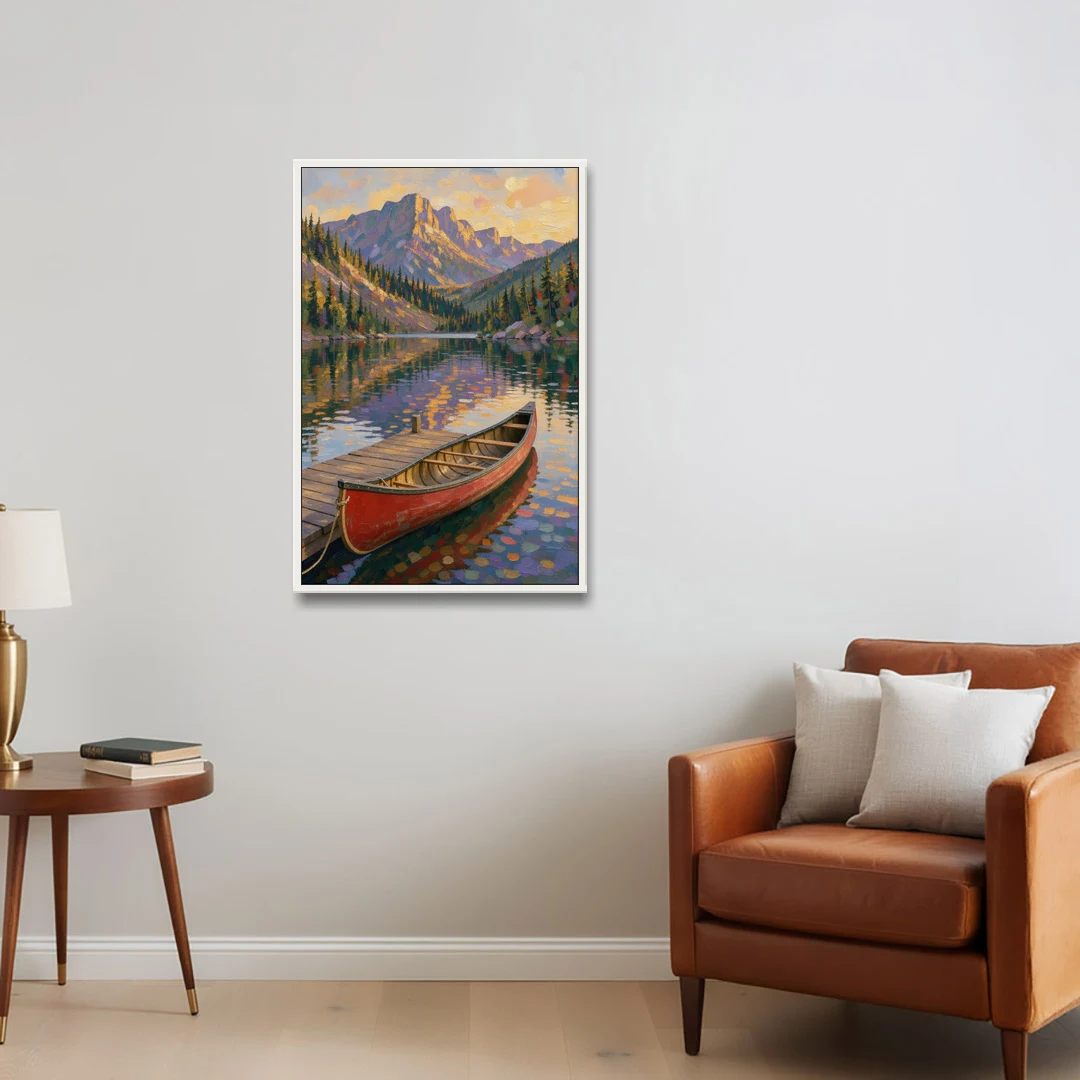 Red Canoe at the Mountain Lake Dock for the Cabin - White Framed Canvas Wall Art - Sofa - 24x36